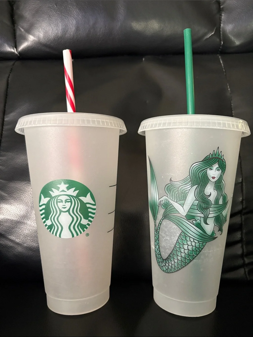 Starbucks Clear Reusable Cold Cups with Green Mermaid Artwork and Straws